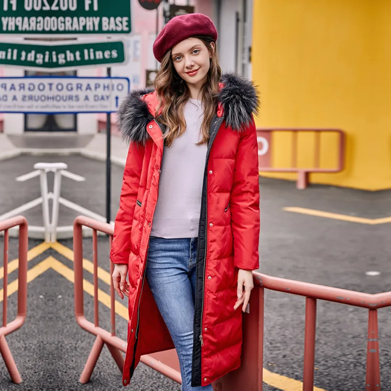 Doudoune Vêtements Dames Outwear Rouge 2018 blanc Long Capuche À Col Grand Manteau Femme Fourrure Parkas De Taille Épaissir Hiver Nouveau IZwBqCn