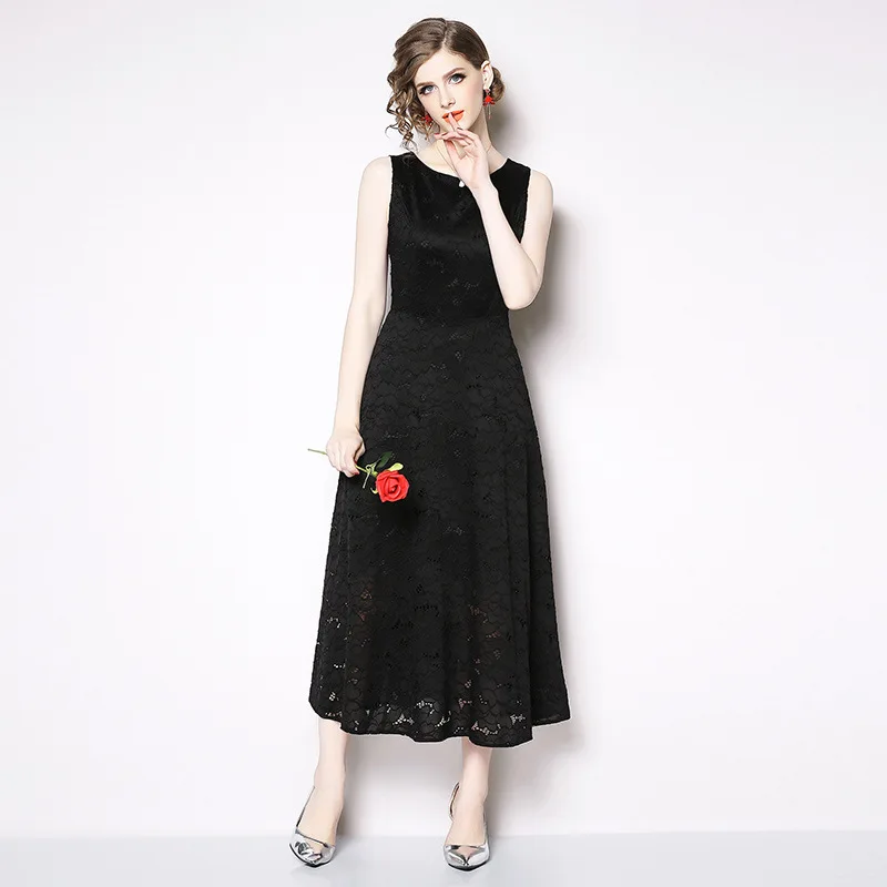

Simgent New Winter Fashion Women Wave Collar Sleeveless Casual Office Midi Lace Dress Vestidos Robe Dentelle N6167 609