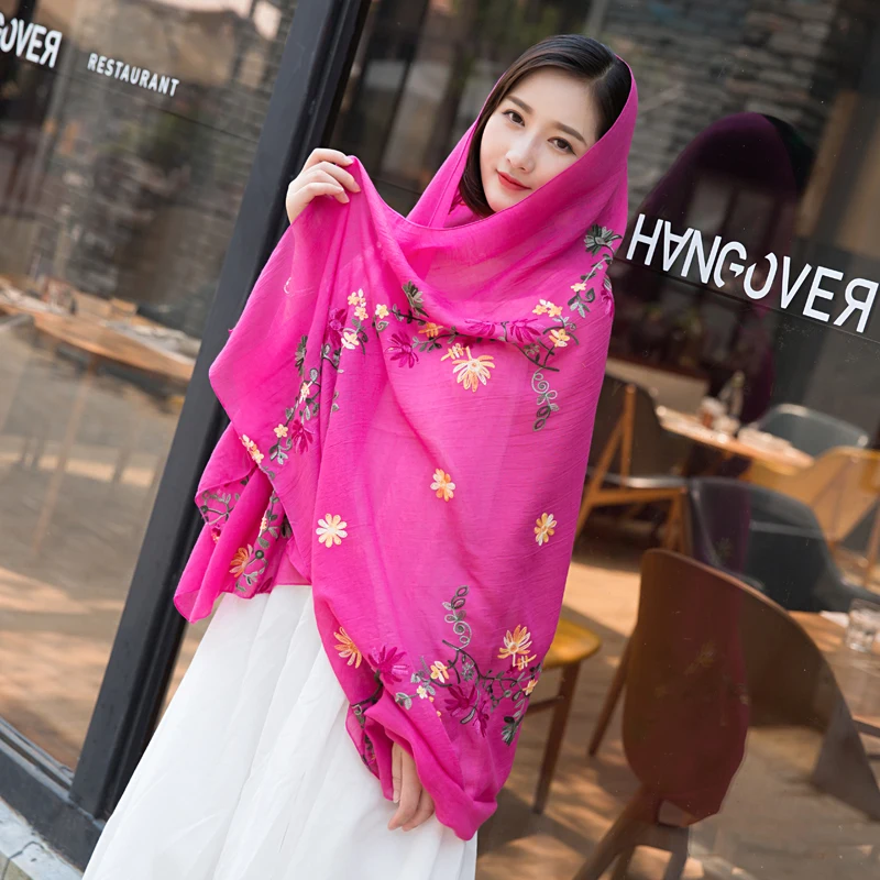 

2018 New Arrival National Embroidery Solid Cotton Linen Woman's Shawl Autunm Winter Warmly Long Scarf for Lady Plus Color, C018