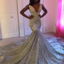 Блестящее платье русалки с блестками, африканские Серебряные платья для выпускного вечера с длинным шлейфом, сексуальные черные платья на выпускной для девушек с v-образным вырезом и кристаллами