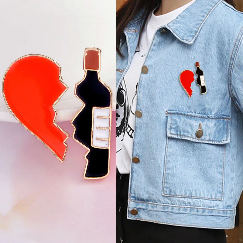 

LNRRABC Graceful Men 2PCS/Set Broken Heart High Quality New Style Brooches Cartoon Wine Bottle Exquisite Lovely Love Unique