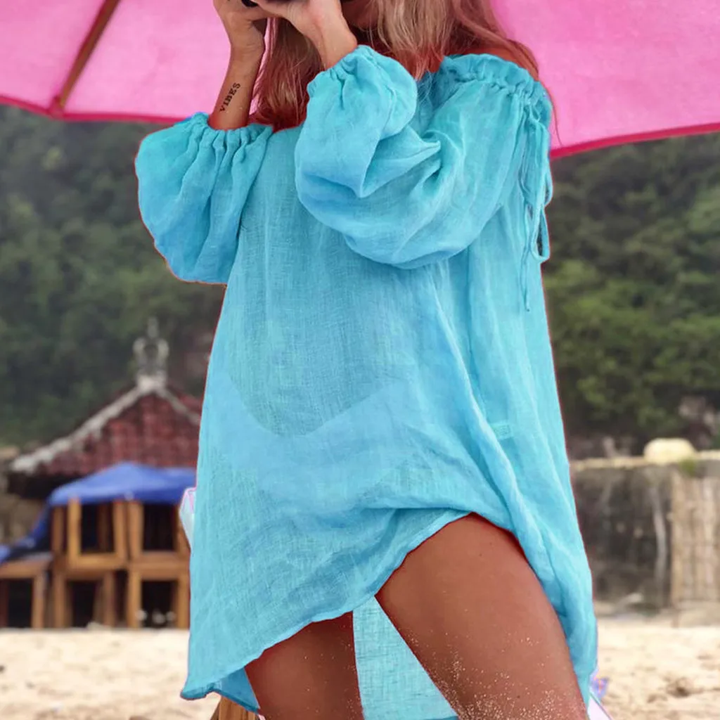 

ISHOWTIENDA Sexy Women Summer Bikini Cover Up Swimsuit Women Bikini Cover Up Swimwear Summer Beach Wear Off Shoulder Blouse