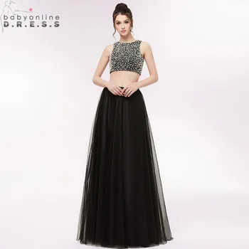 

Sexy Open Back Two Pieces Black Long Evening Dress Crop Top Chiffon Evening Gown with Pearls Vestido de Festa Longo
