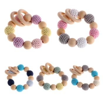 

Wood Wooden Baby Teether Bracelet Crochet Beads Teething Ring Play Chewing Toy W15