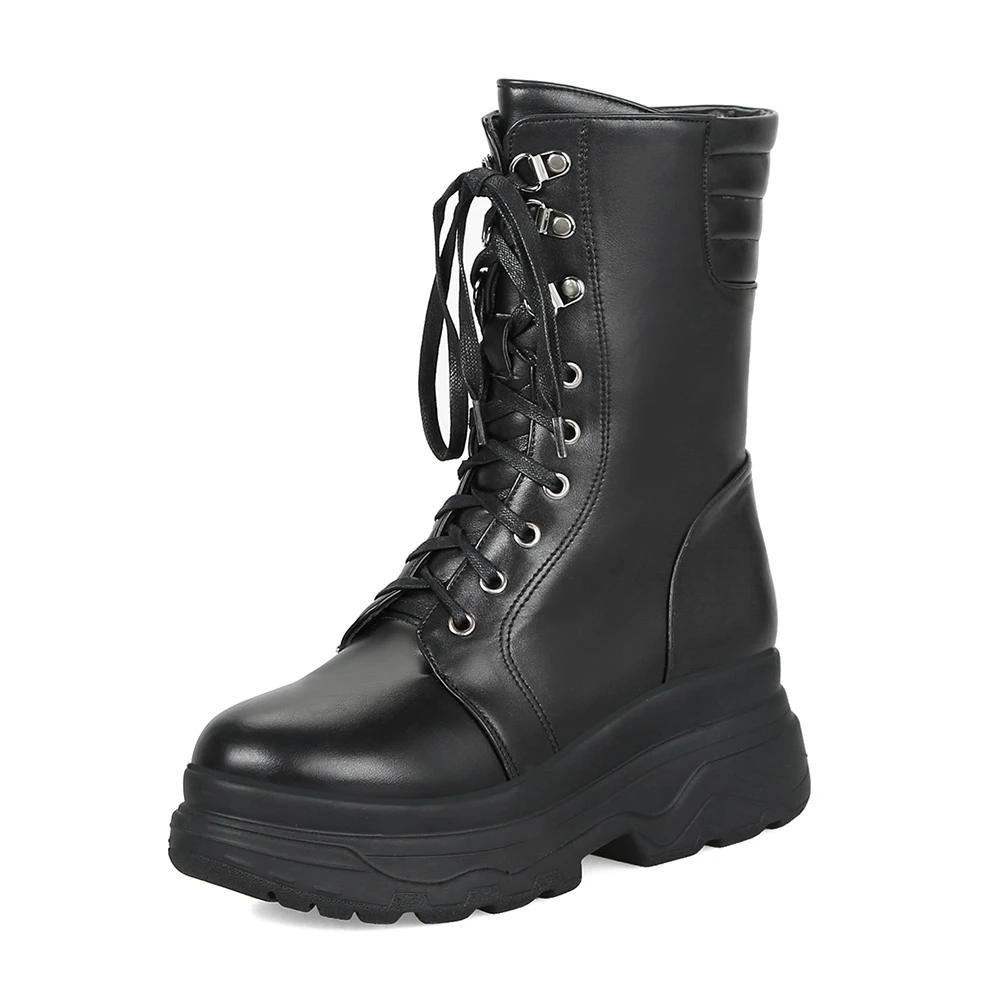 DORATASIA/Большие размеры 33-42, модные мотоциклетные ботинки до середины икры, женские зимние ботинки на высокой платформе, женская обувь на высоком каблуке - Цвет: Черный
