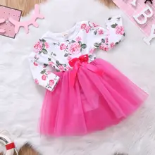 Милое Платье для новорожденных девочек, фатиновое кружевное платье с длинными рукавами и цветочным принтом, одежда