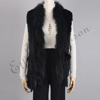 

ETHEL ANDERSON Women Knitted Long Gilet High Quality Rabbit Fur Gilet Raccoon Collar Top Tassels Pockets Jacket Coat Style