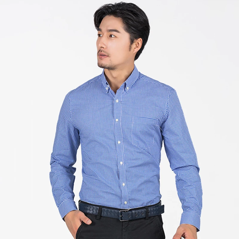 100% قميص قطني بكم طويل قمصان زر أسفل طوق منقوشة أكسفورد ملابس رجالي تلائم الرجل النحيف عارضة قمصان فستان عالي الجودة قميص