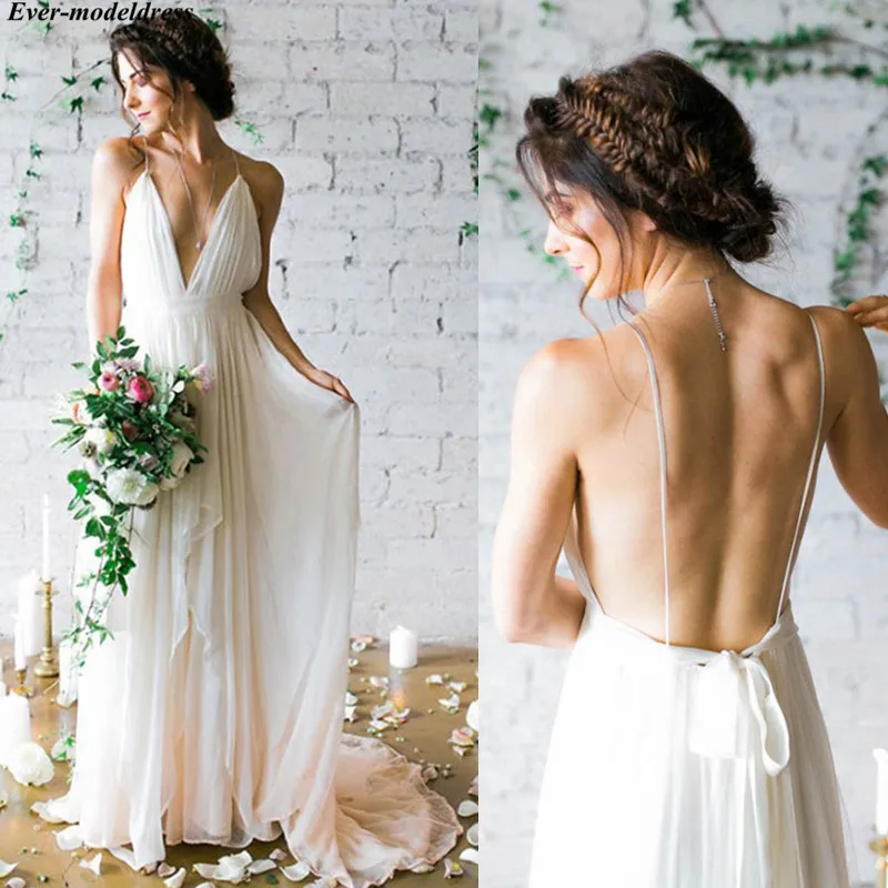 

Beach Wedding Dresses 2019 Sexy Backless Deep V-Neck Sweep Train Chiffon Simple Bridal Gowns Plus Size Custom Vestido De Noiva