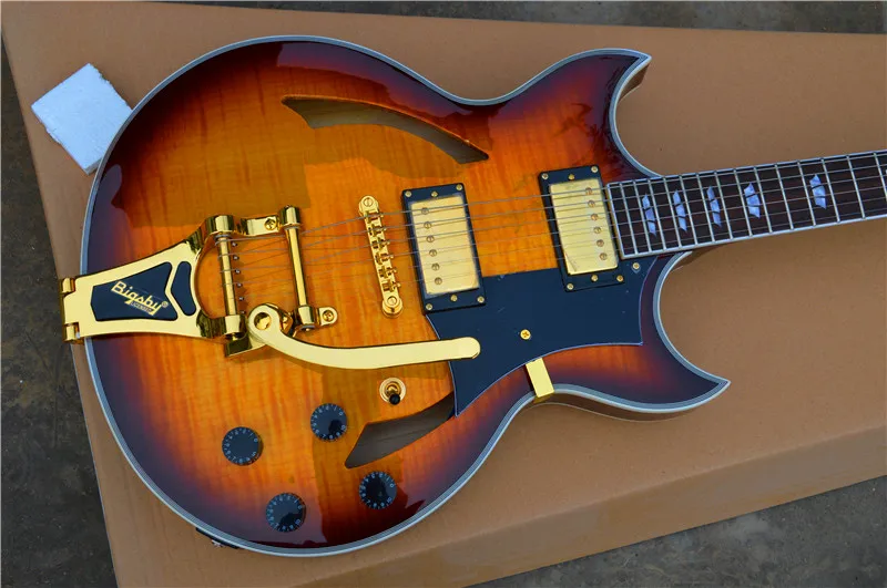 Free Ship Sunset Glow Tiger Flame ES Classical Johnny A Signature Hollow Body Electric Guitar China Custom Available