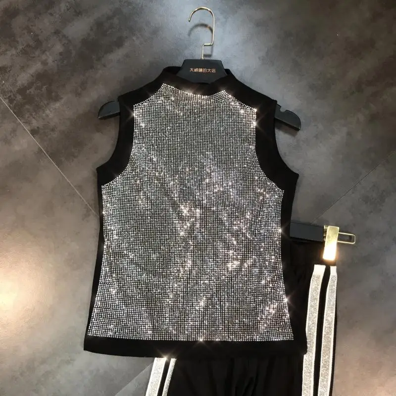 

2019 summer new full rhinestone hot drilling shiny stretch Slim half-necked inside T-shirt female