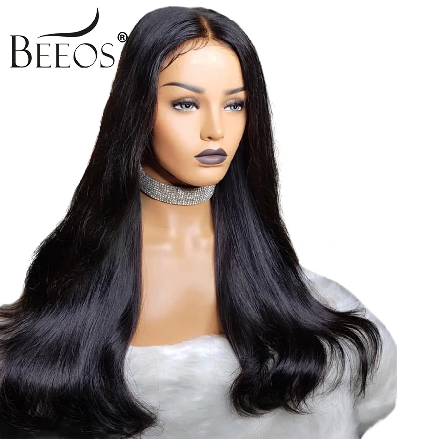 

Beeos Brazilian Glueless Full Lace Human Hair Wigs 150% Density Straight Bleached Knots PrePlucked Remy Hair Wig Baby Hair 8-26"