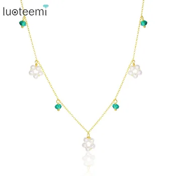 

LUOTEEMI Bohemia 925 Silver Green Zircon Natural Pearl Pendant Necklaces for Women Gold-Color Wedding Bridal Silver Fine Jewelry