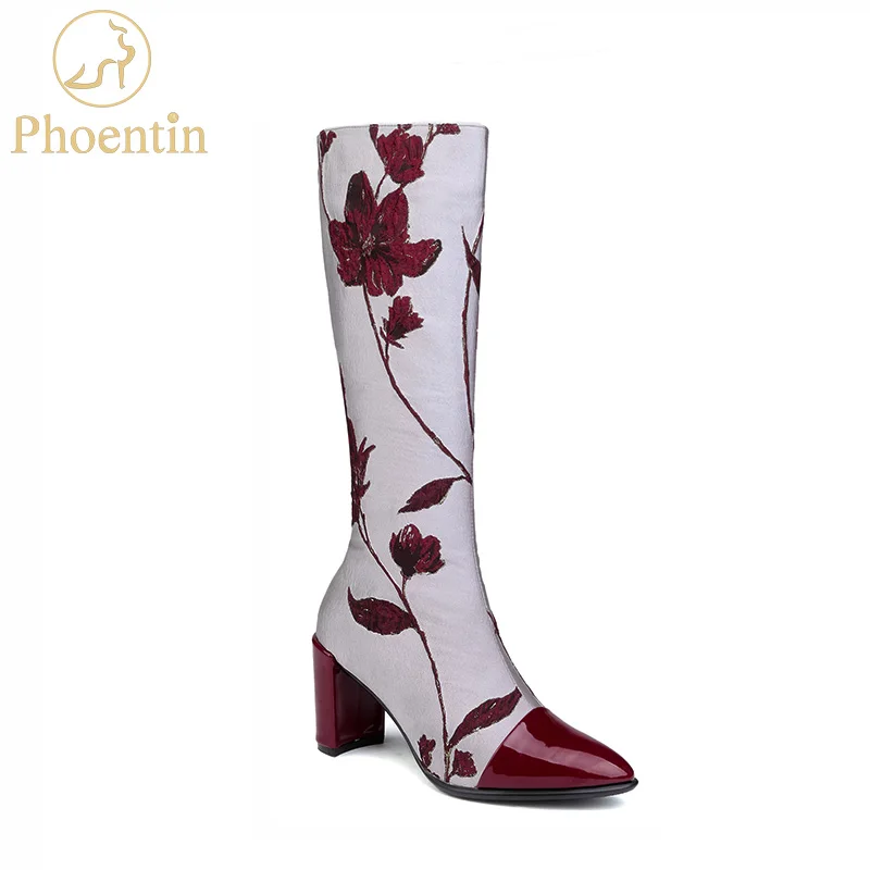 Zapatos Impresión Cuero Tacones Pantorrilla Larga Phoentin Botas Flor Media Alta Tinto Vino Patchwork La Ft531 Genuino Mujeres De Para Cremallera Las TXpqWpZ7v
