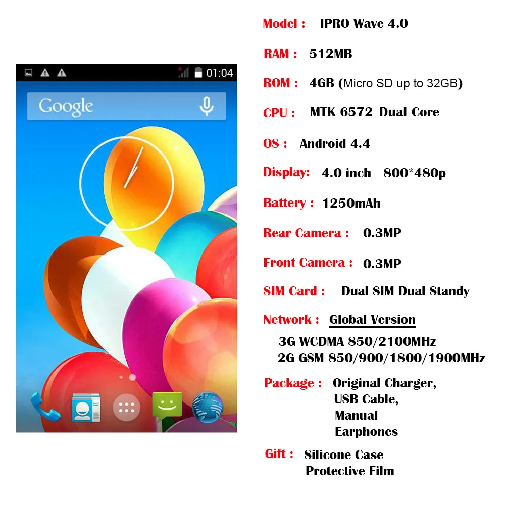 Оригинальный IPRO WAVE 4.0 Дешевые Android смартфон дюймов Touch Wifi Dual Sim China 3G WCDMA Мобильные