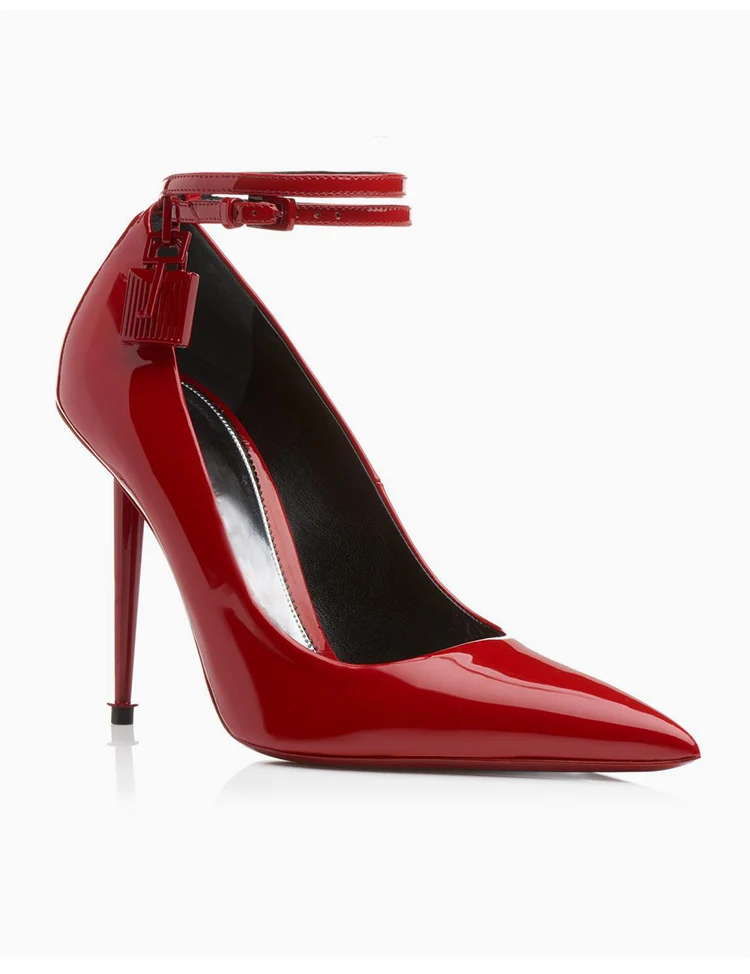 

Fashion Design Lock Snake Prints Pumps Sexy Pointed Toe Ankle Strap Thin High Heels Dress Party Strip Shoes Women Zapatos 2019