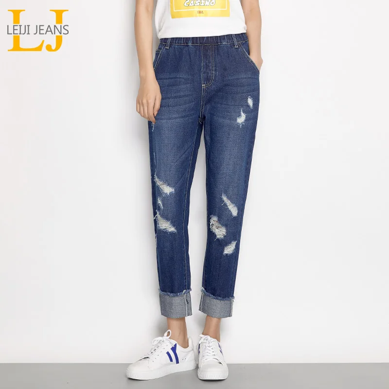 LEIJIJEANS 2018 Новое поступление осень плюс размеры Разорванные манжеты усы эффект ботильоны Длина Свободные для женщин эластичный пояс дамские