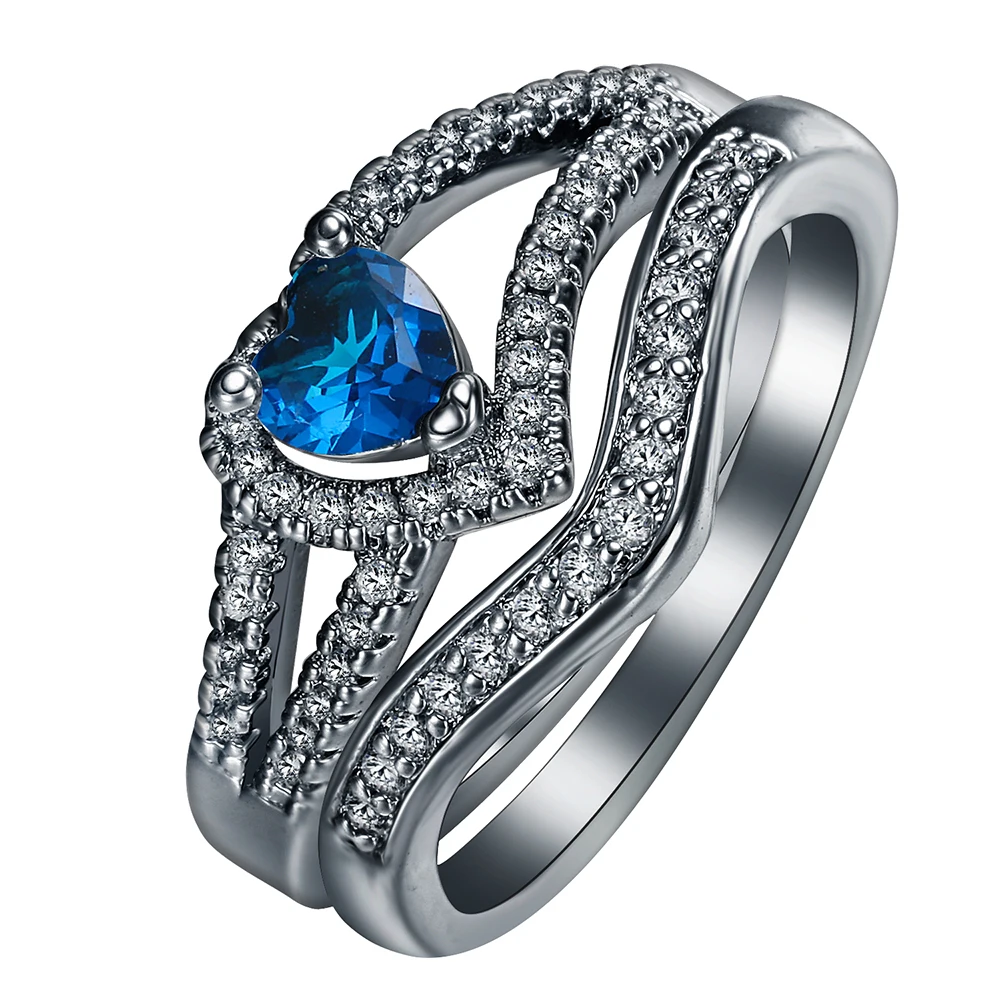 Exquisite Blue And Red Zircon Female Heart Ring Jewelry Black Gold 