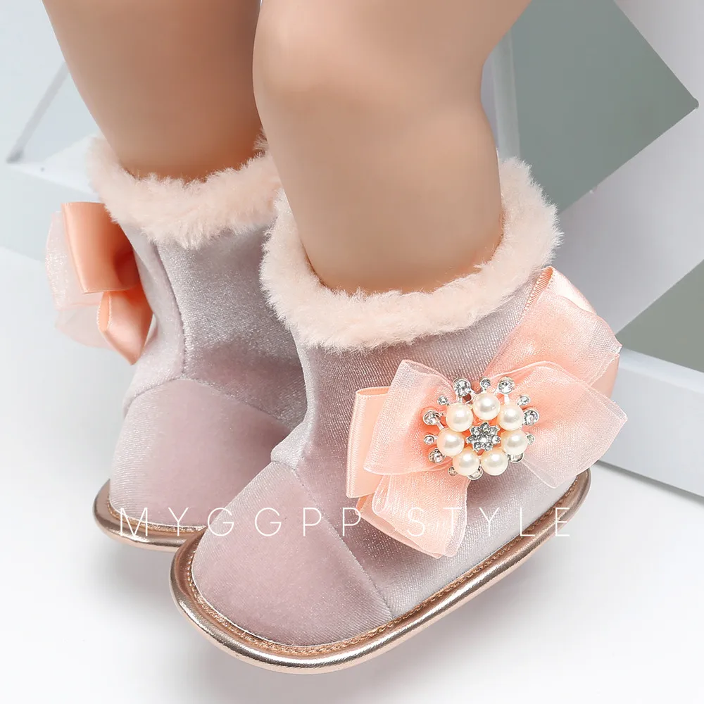 

2019 Baby Shoes Baby Girl Pearl Flower Keep Warm Plush Soft Snow Boots Soft Crib Shoe Newborn Booties Bebek Ayakkabi Children