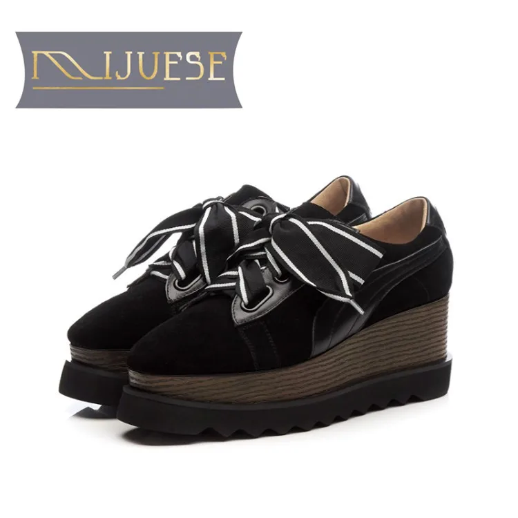 

MLJUESE 2018 women flats kid Suede lace up black color platform loafers casual shoes creeper shoes women size 34-42