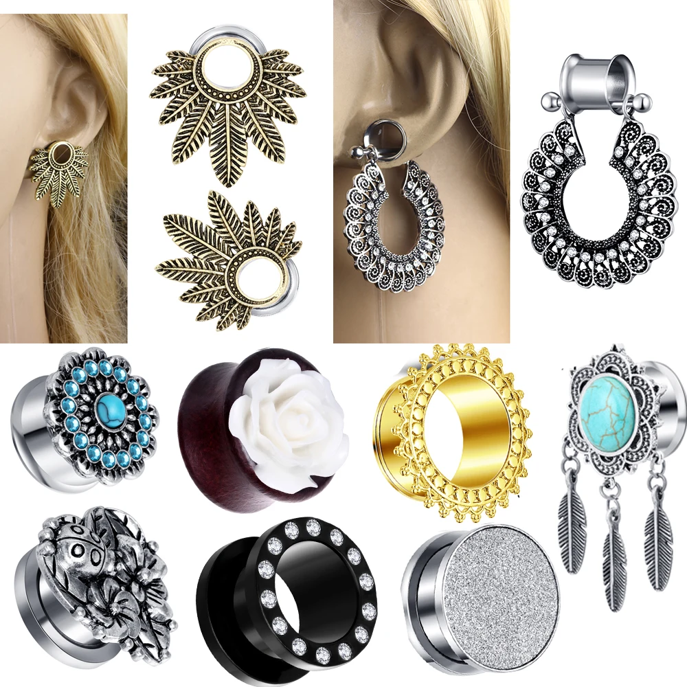 

TIANCIFBYJS 2pcs Stainless Steel Piercing Plugs Dangle Ear Gauges Woman Man Leaf Flower Earring Plugs Tunnels Ear Expander Stud