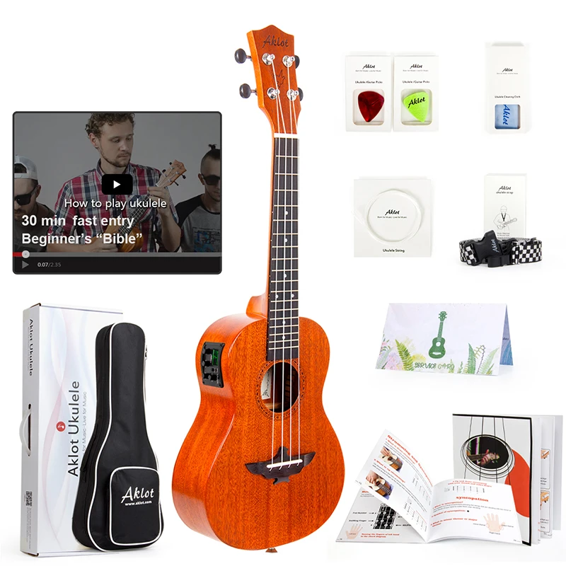 Aklot Professional Solid Mahogany Electric Tenor Ukulele Starter Kit Soprano Concert Ukelele Uke Hawaii Guitar 12 Frets 21 inch