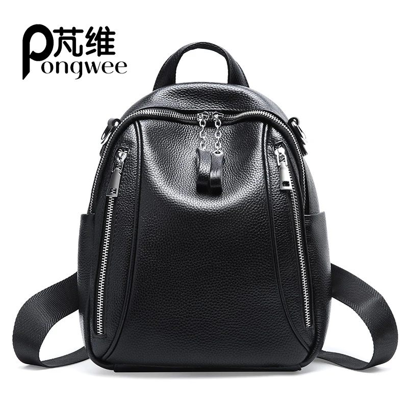 

PongWEE Leather Backpack Backpack Summer New Korean Fashion Top Layer Cowhide Large Capacity Backpack Double Zipper Travel