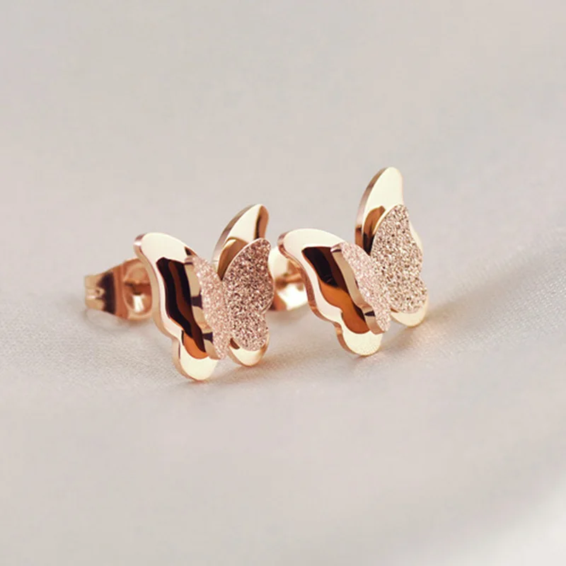 

Korean Trend New Rose Gold Earrings For Women Scrub Double-layer Stereo Butterfly Earrings Personality Fashion Jewelry