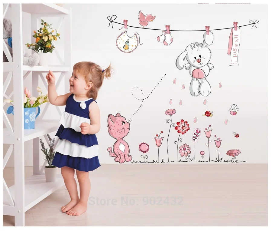 Pink Cartoon Cat Rabbit Flower Wall Sticker For Baby Girls Kids Rooms Home Decor Teddy Bear