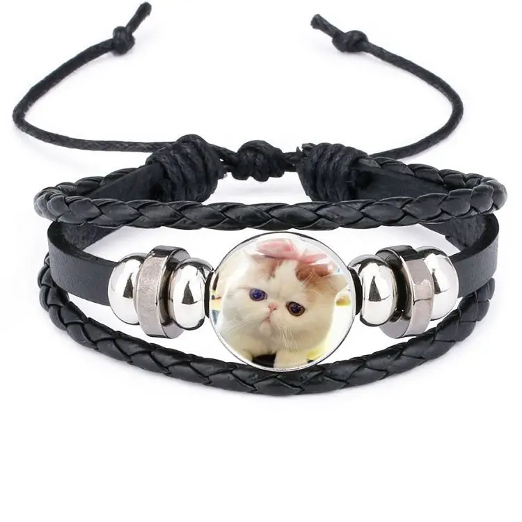 Harajuku Style Cat Jewelry with Glass Cabochon Cheshire Cat Pattern Bracelet Genuine Leather Multilayer Beaded Bracelet Bangle - Окраска металла: WS0417
