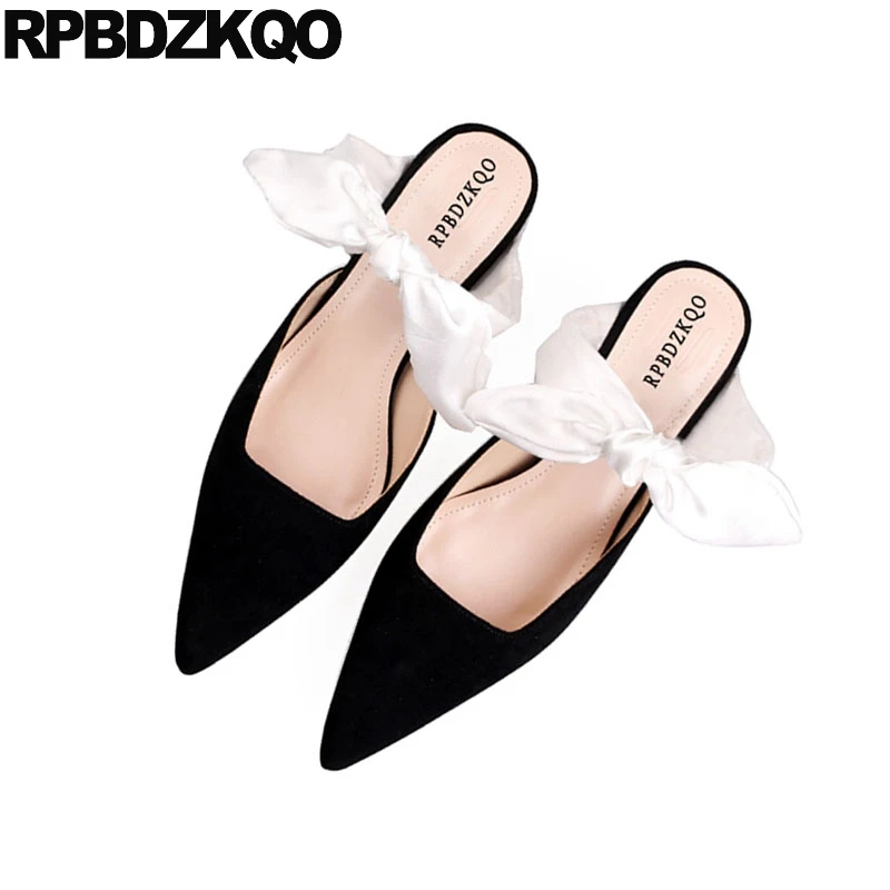 Sweet 2018 Women Thin Strap Black Pointed Toe Cute Ladies Kitten Heels Shoes Suede Mules Slipper Closed Sandals Bow Low Pumps