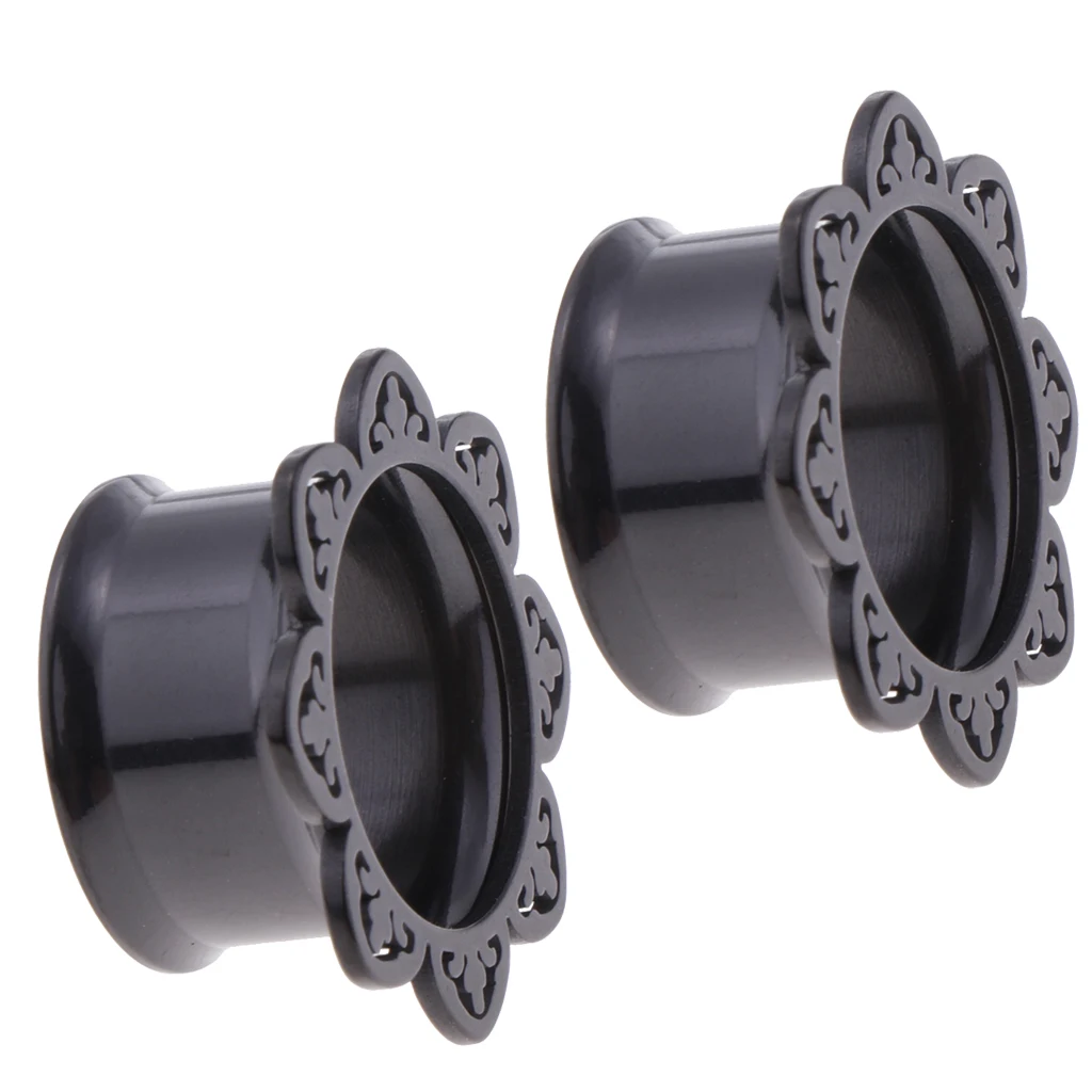 2Pieces Black Flower Stainless Ear Flesh Tunnels Flared Earrings Gauges 8mm