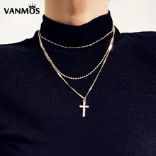 Vanmos 3 Layers Female Fashion Cross Pendant Choker Necklace Christian Style Women's Statement Collar Jewelry Gold Silver Color stylish christian cross w eye style decoration pendant necklace silver