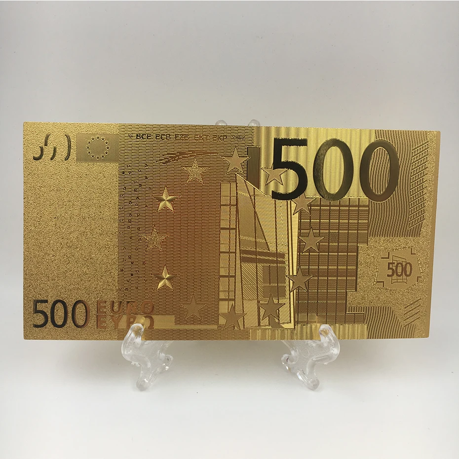 

HOT 1pc Waterproof plastic 24K gold 500 Euro Banknote Bill for wedding return souvenir money with plastic stand for selection