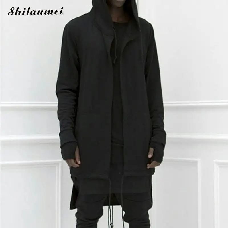 

Gothic Men Hooded Sweatshirts Back Slit Black Siamese Cap Hip Hop Hoodies Fashion Jacket Long Sleeves Cloak Man'S Coats Outwear
