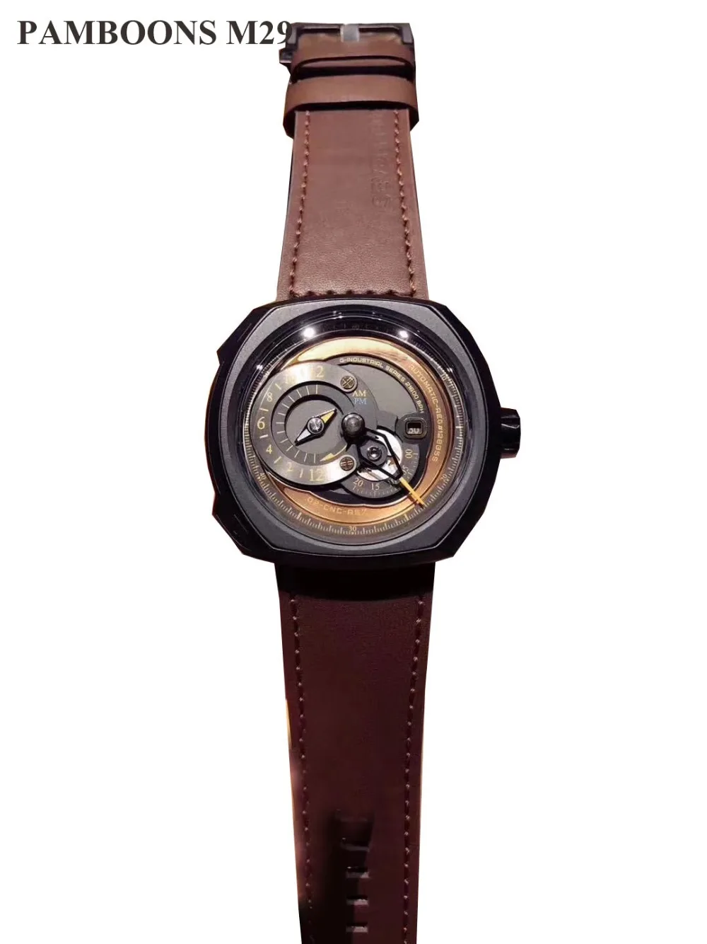 

Silver Skeleton Wristwatches Gold Skull Black Genuine Leather Belt Automatic Watches for Men Transparent Watch