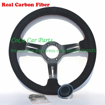 

Hot Real Carbon Fiber Steering Wheel Suede Leather Steering Wheel Red Stitching 350mm 14 inch Carbon Fiber Spoke