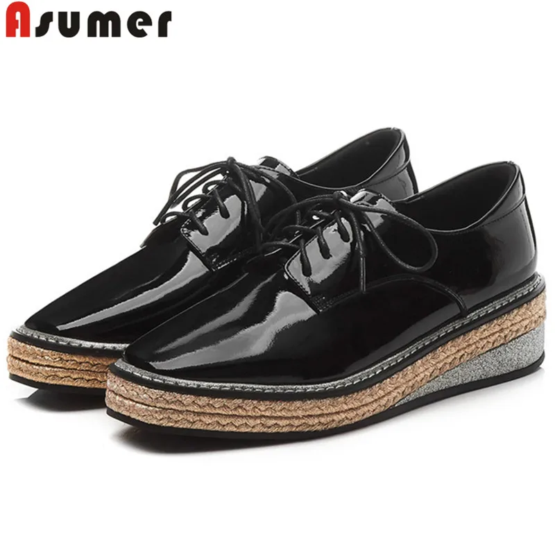 

ASUMER fashion spring autumn new shoes woman square toe lace up pumps women wedges shoes genuine leather shoes woman 2019 new