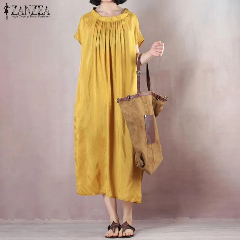 

2019 Summer ZANZEA Women O Neck Short Sleeve Vintage Dress Solid Pleated Long Vestido Casual Loose Elegant Party Femme Sundress