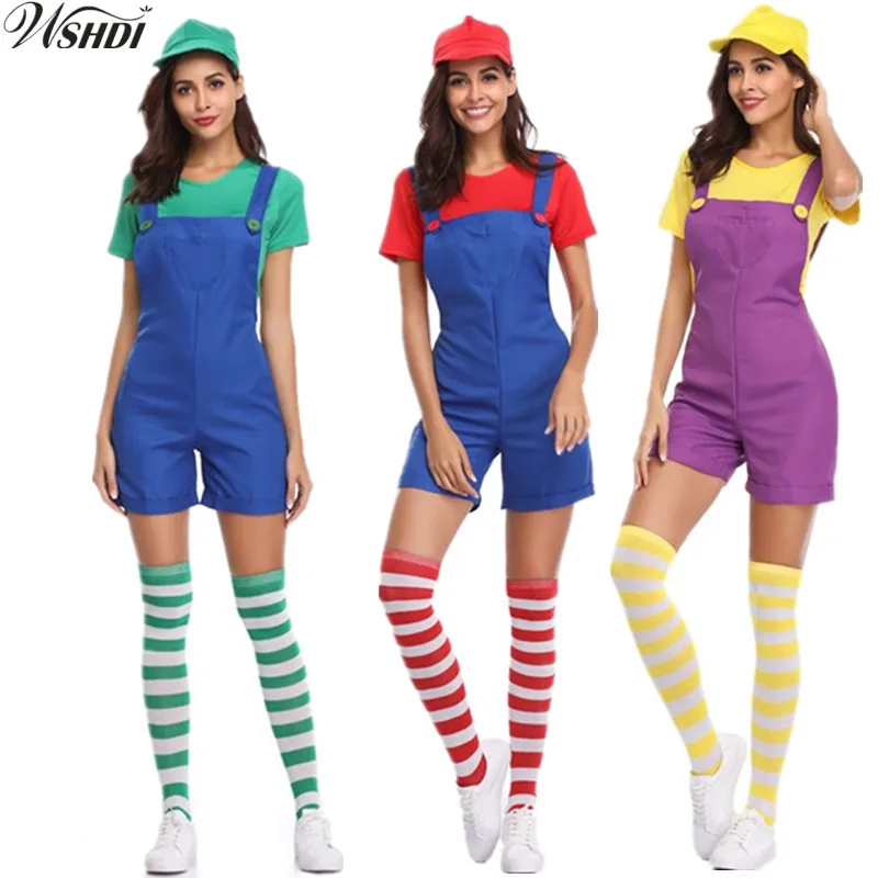 

Sexy Women Halloween Super Mario Luigi Bros Costume Adult Funny Mario Bros Plumber Cosplay Jumpsuit +Sock+Hat