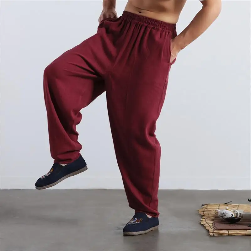 Men Autumn Linen Casual Pants Solid Wide Leg Plus Size Summer Linen Trousers M-5XL 6XL Black Khaki Blue Red