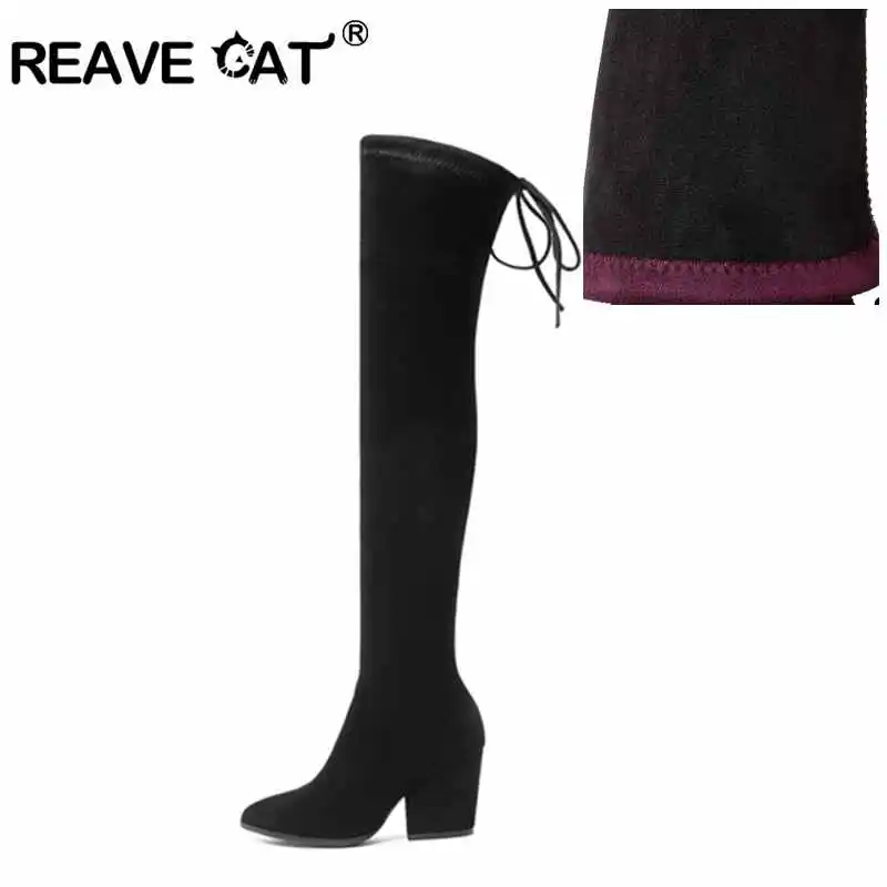 Женские ботфорты на высоком каблуке REAVE CAT новые зимние сапоги из эластичной