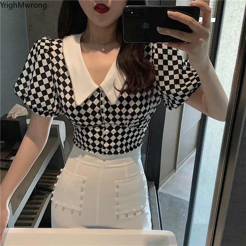 

Plaid Sexy V-Neck Turndown Short Sleeve Slim Elegant Blouse Fashion Button Design Crop Top Shirt Ladies Korean Vintage Blusas