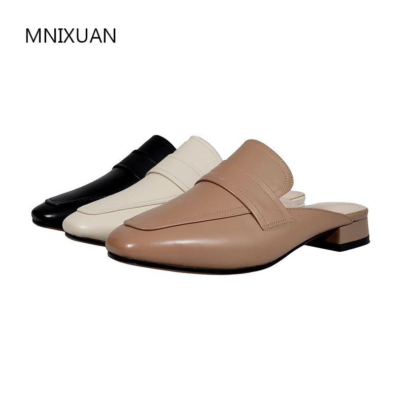 MNIXUAN/Повседневные туфли для зрелых женщин ручной работы; римские туфли-лодочки; новые туфли без застежки из натуральной кожи с квадратным носком на низком каблуке; Цвет Черный