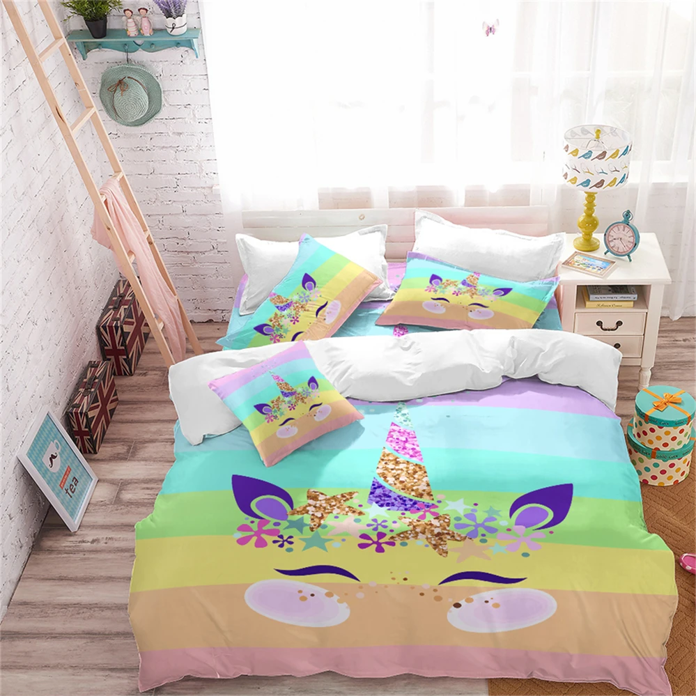 buy Lovely Unicorn Bedding Set Colorful Striped Duvet Cover Set Girls Princess Cartoon Bedding Twin Full Queen King Pillowcase D40
