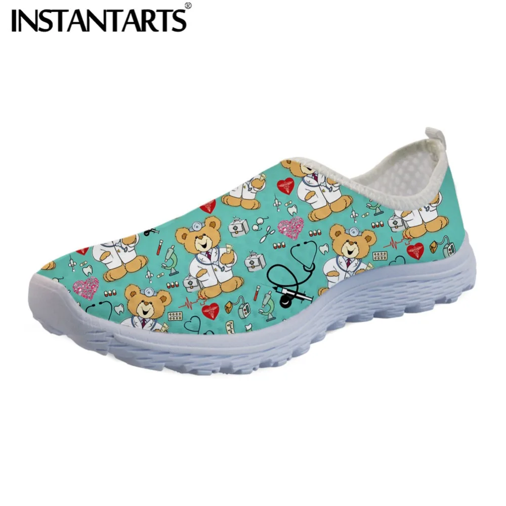 

INSTANTARTS Summer Nurse Flats Shoes Pink Sneakers Breathable Mesh Female Walking Shoes Lightweight 3D Cartoon Nurse Print Flats