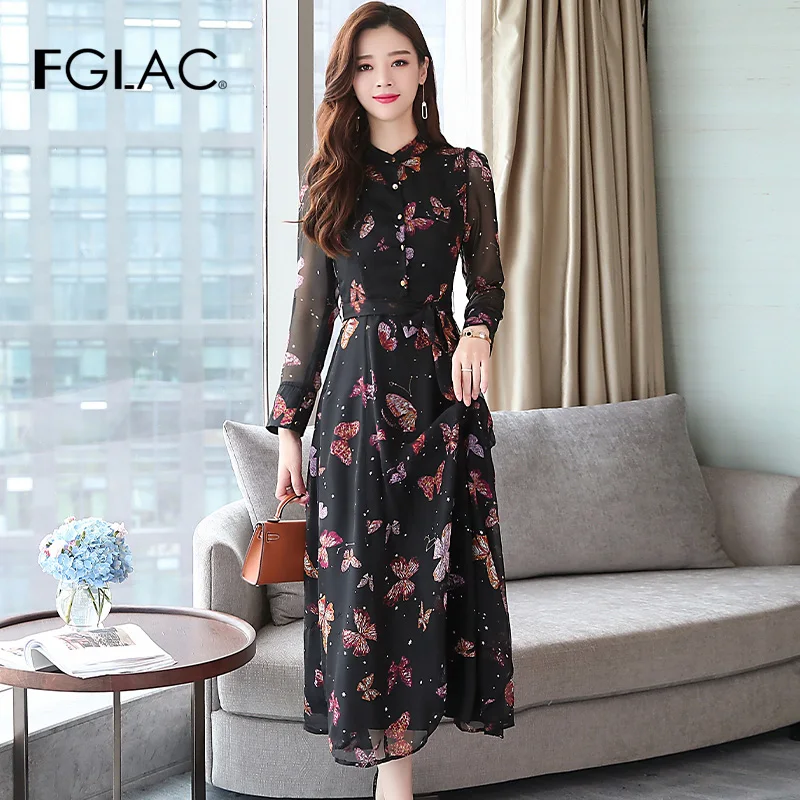 

FGLAC Women dress Fashion casual long sleeve Autumn winter dress floral print vintage party Long dress vestidos