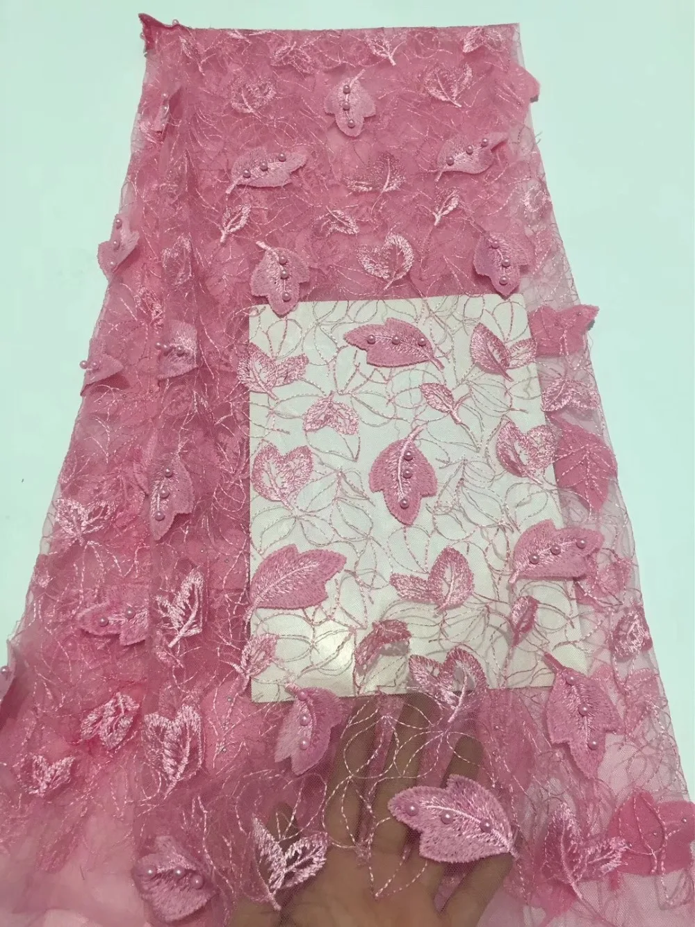 

French lace fabric 5yds/pce by dhl pink leaf patterns beaded fabrics women luxury gorgeous lagos party nigerian wedding dress