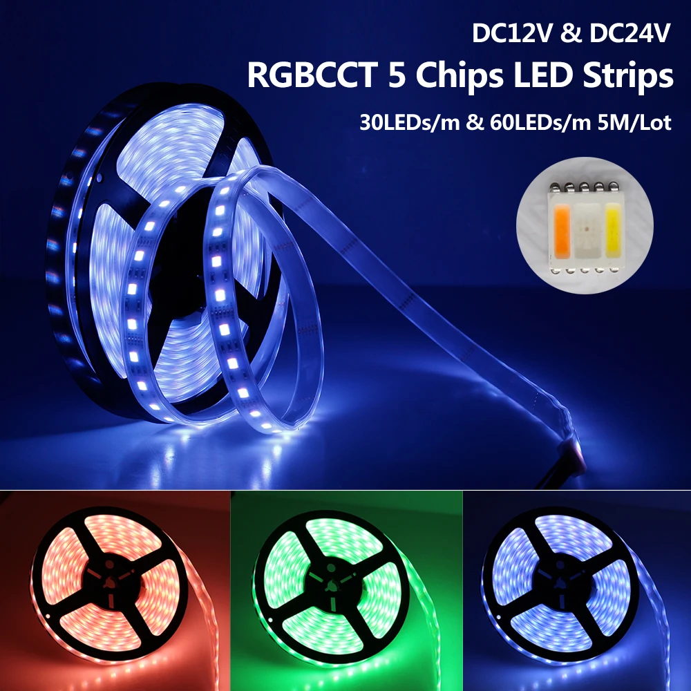 Светодиодная лента RGBCCT 5050 12 В/24 В 5 цветов в 1 чипы RGB + WW CW 60 светодиодов/м м/лот RGBW