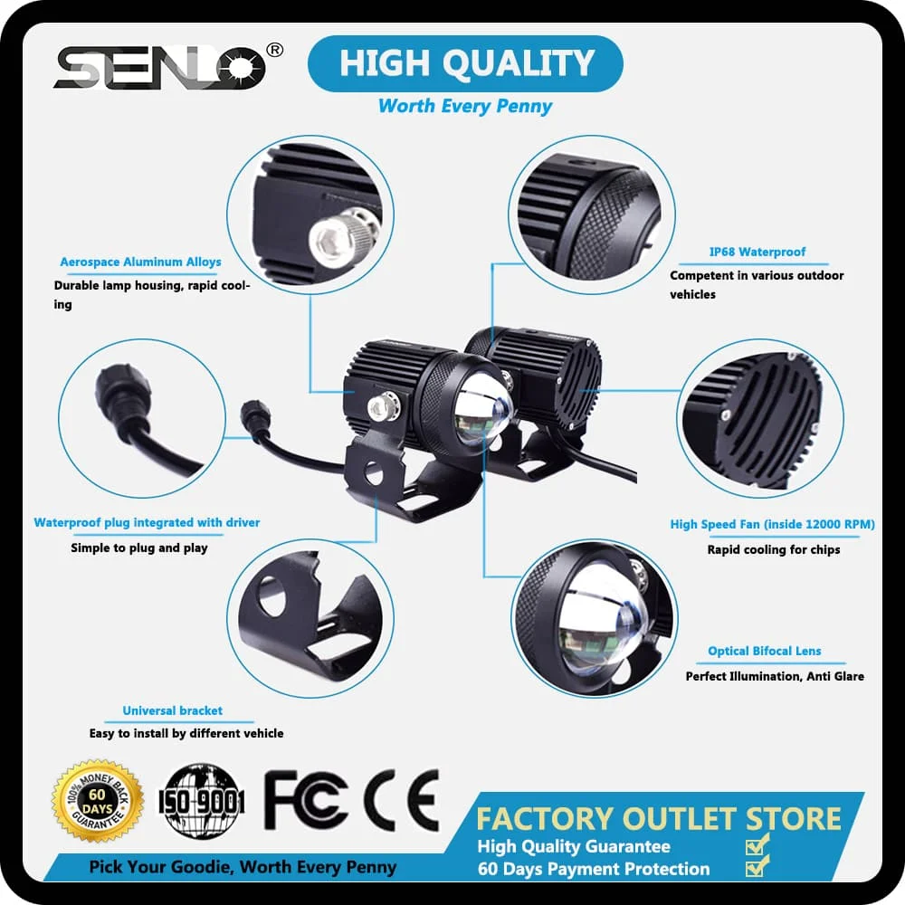 Baratos 2019 nuevo foco de alta potencia pequeño faro de conducción hi lo blanco amarillo led luz de trabajo motocicleta moto Faro de scooter